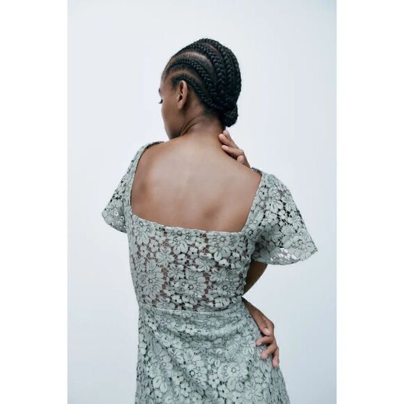 NWT Zara Green Lace V-Neck Short Sleeve Front Slit Hem Midi Dress, Size Small - Picture 8 of 16